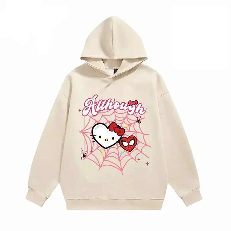 Sudadera con capucha de anime Sanrio Spider Hello Kitty para hombre y mujer, Tops de estética Y2k negros, abrigo informal de invierno, moda Kawaii,