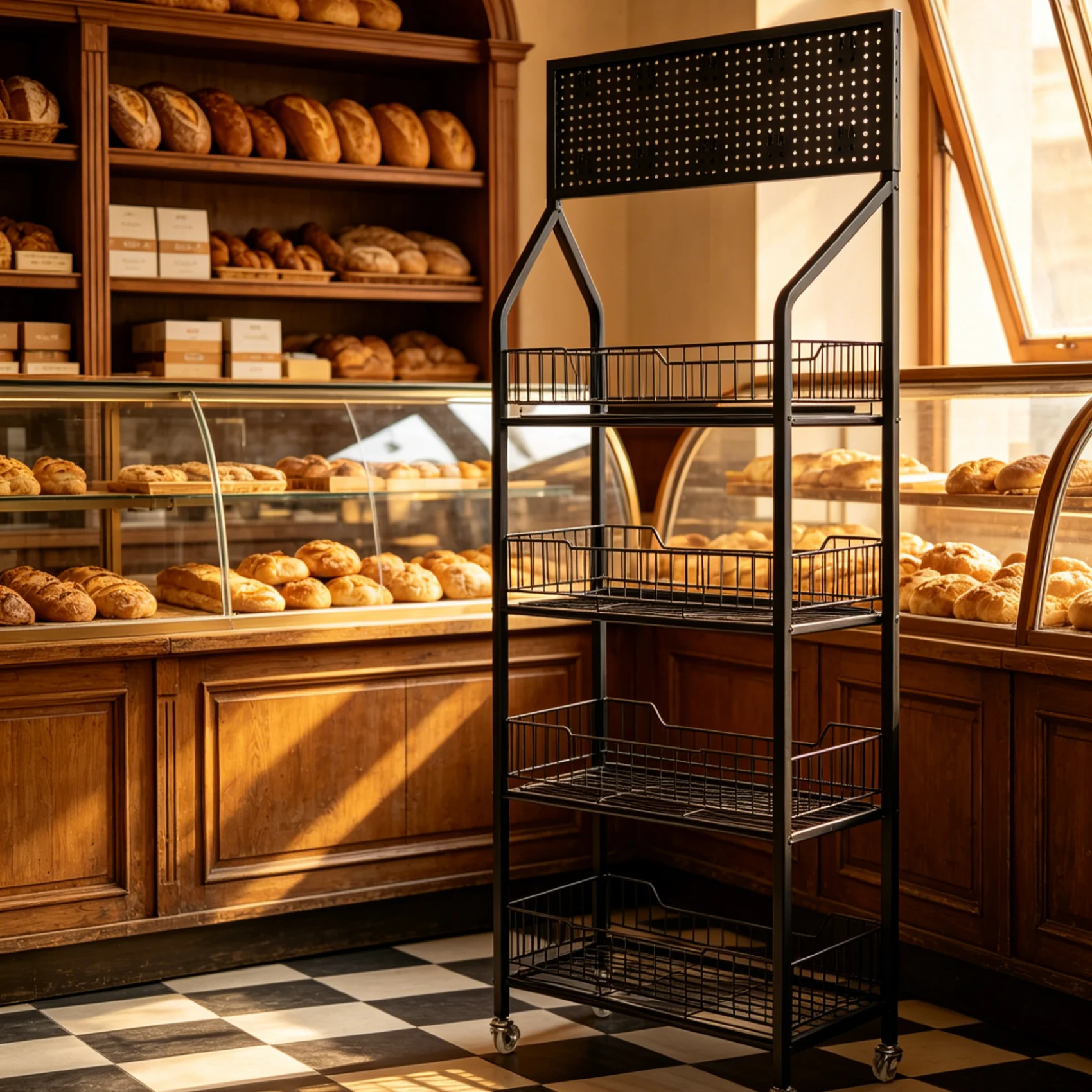 4 Tier Black Iron Retail Display Rack With 10 Hooks Universal Brake Wheels, 10kg Per Tier Load Grid Basket Elevated
