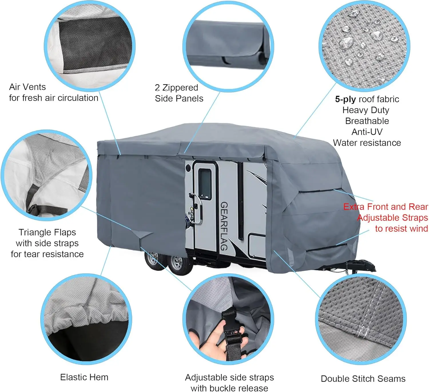 Travel Trailer Cover 5 Layers fits 19' - 21' with Reinforced Windproof Side-Straps Anti-UV Water-resistance H