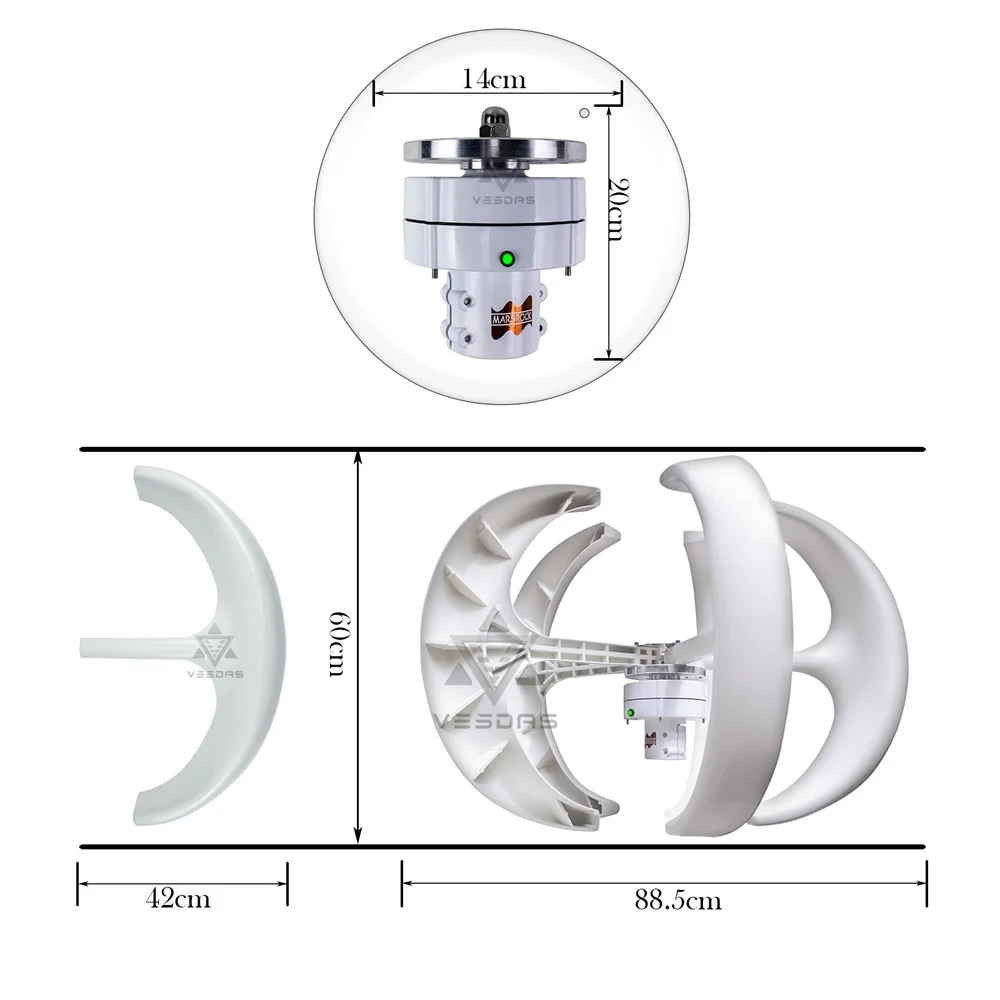 400W 12V 24V Vertical Axis Wind Turbine, Starting at 2m/s , Equipped With MPPT Controller And LED Charging Indicator Light