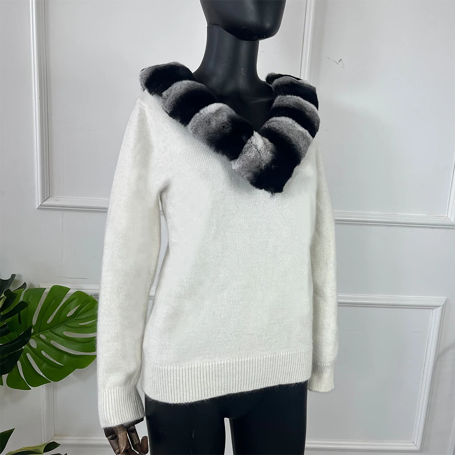 Suéter de cachemira para mujer, chaqueta de piel de lana auténtica a la moda con cuello de piel de conejo Rex Natural para invierno