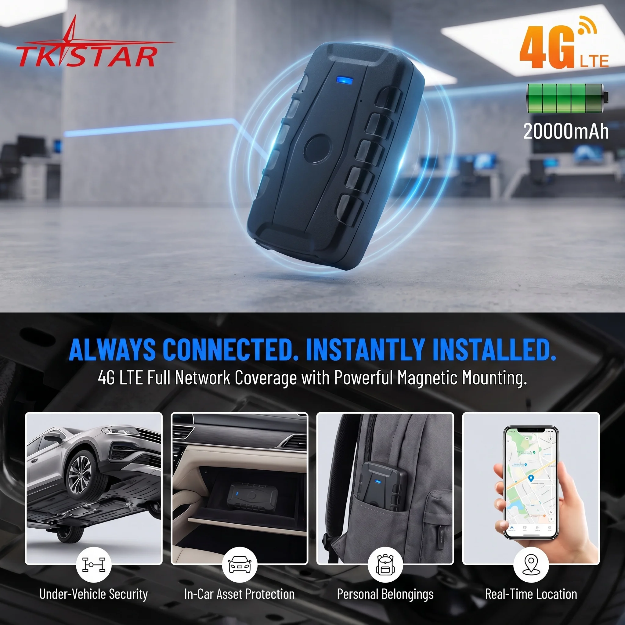 20000mAh Big Battery 4G Magnetic Vehicle Tracker Car 4G Real Time GPS Locator Free APP For Car Truck Container Asset view 4