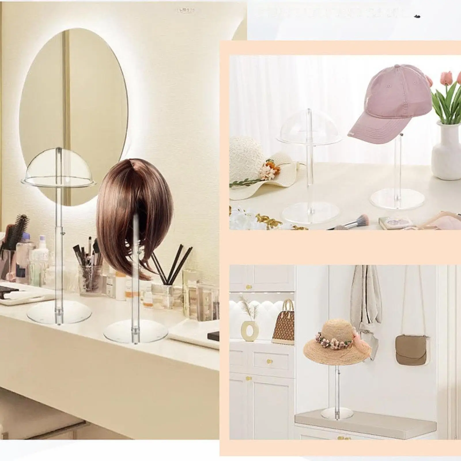 

Акриловая подставка для шляп, отдельно стоящая регулируемая высота, подставка для хранения шляп, вешалка для шляп для парика, различные шляпы, ювелирные изделия, магазин париков