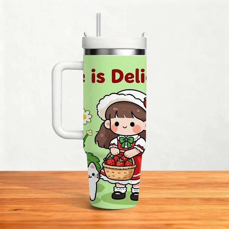 40Oz Stainless Steel Insulated Tumbler, Whimsical Strawberry And Smiling Cat Digital Print with 