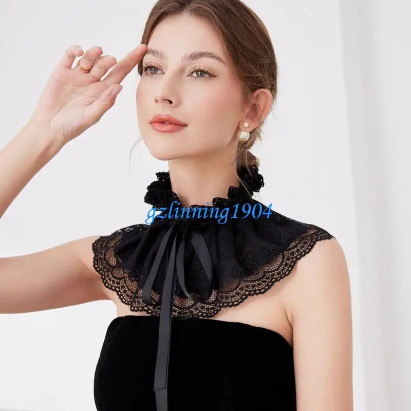 L5YD Stand Ruffle Lace False Collar with Ribbon Ties for Wedding Parties Shawl Cape