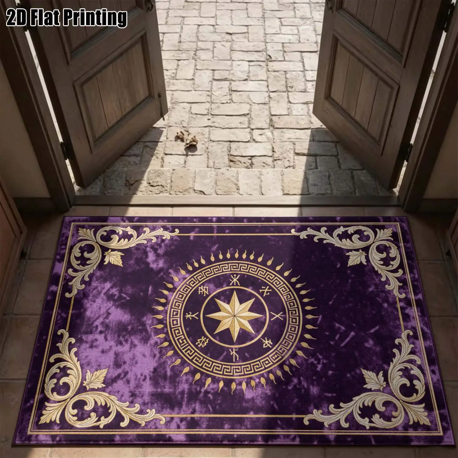 1Pc 2D Printed Carpet with Purple-Gold Retro Compass Pattern, European Light Luxury Decor, Multi-Size Washable, Ideal for Entrance, Dining Room, Bedroom, Living Room, Etc