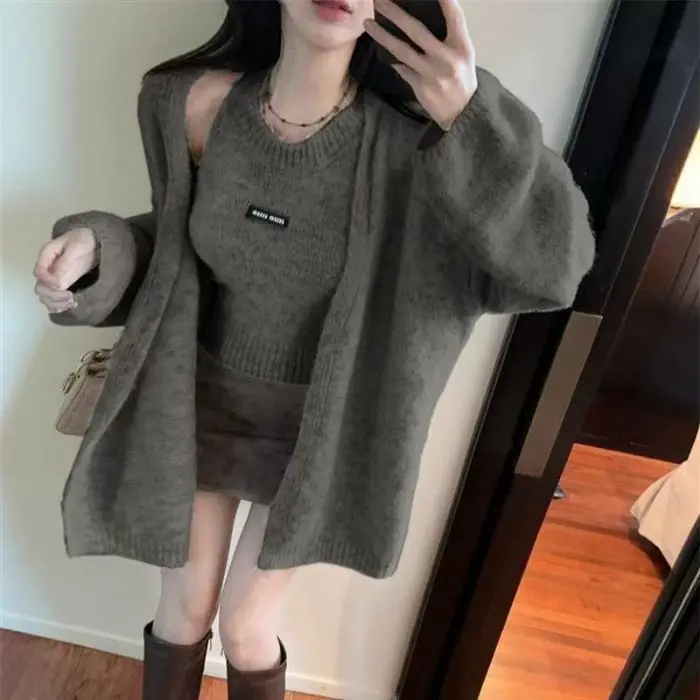 طقم سترة صوفية محبوكة للخريف والشتاء مكون من قطعتين، سترة محبوكة راقية للخريف والشتاء، محبوكة كسول وأنيقة