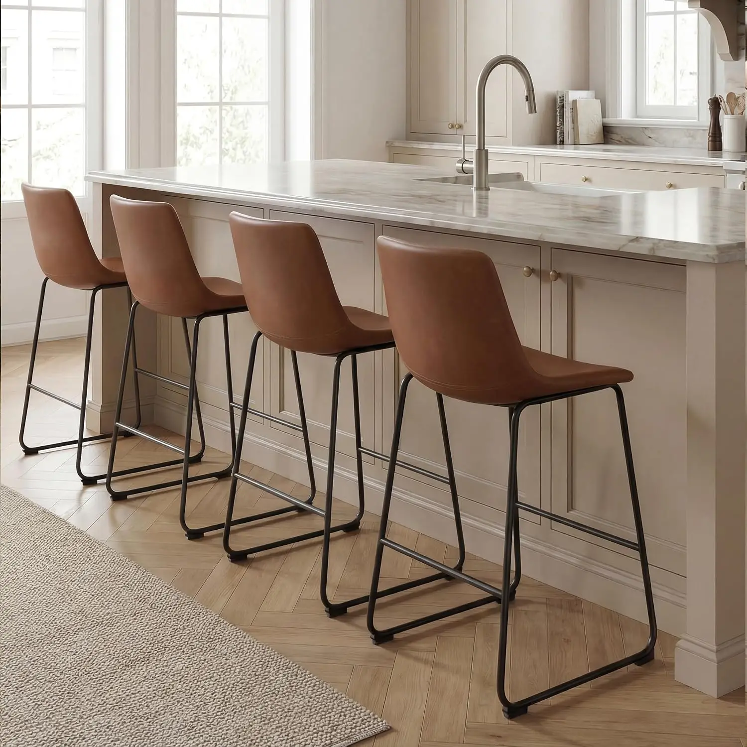Modern PU Leather Bar Stool With Metal Legs & Footrest, Armless Counter Chair For Kitchen Island, 26in 4PCS Brown, Customized