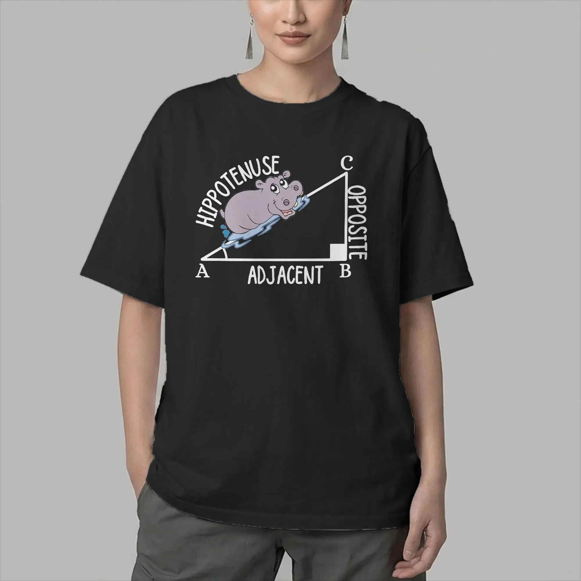Men's Hippotenuse Triangle Math Funny Hippo T Shirt  Cotton Tops Unique Short Sleeve Crewneck Tees Big Size T-Shirts
