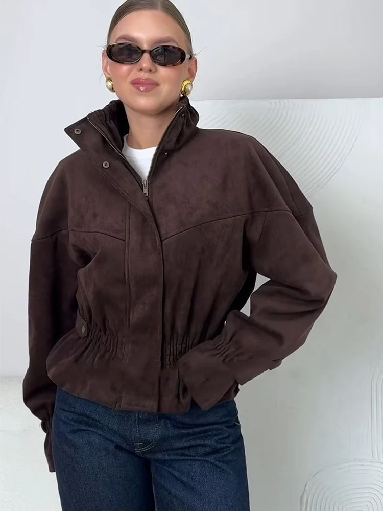 Women Faux Suede Bomber Jacket Stand Collar Zip Up Cropped Utility Jacket Solid Long Sleeve High Street Coat Fashion Outerwear