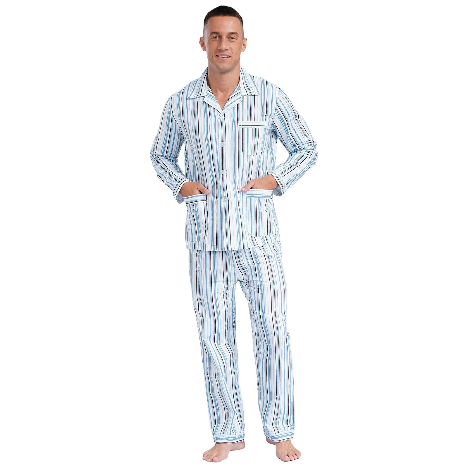 Adult Men Cotton Soft Striped Pajama Set Loungewear Sleepwear Long Short Sleeve Button Down Shirts And Long Pants Set Homewear