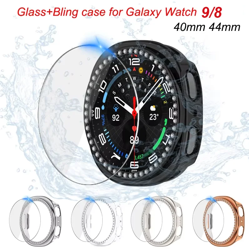 Bling PC Bumper Cover + Screen Protector for Samsung Galaxy Watch 9/8 40mm 44mm Diamond Case Glass for Galaxy Watch 9/8