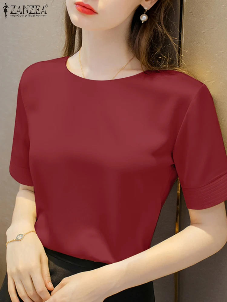 ZANZEA Elegant Casual O Neck Short Sleeve Satin Blouse Summer Women Fashion Solid Work OL Shirt Party Blusas Female Tunic Tops