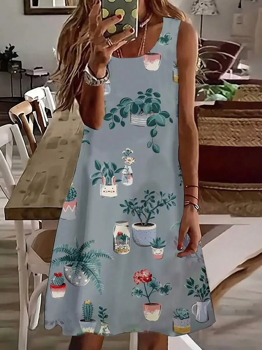 

Women Sleeveless A-Line Dress With Potted Plants And Flowers Print For Spring Summer