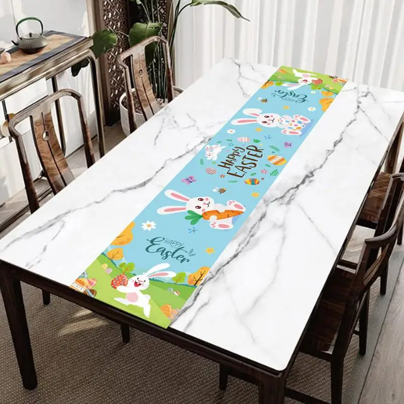 Happy Easter Table Runner Holiday Cute Rabbit Kitchen Dining Tabletop Decoration Seasonal Spring Holiday Kitchen Dining Table