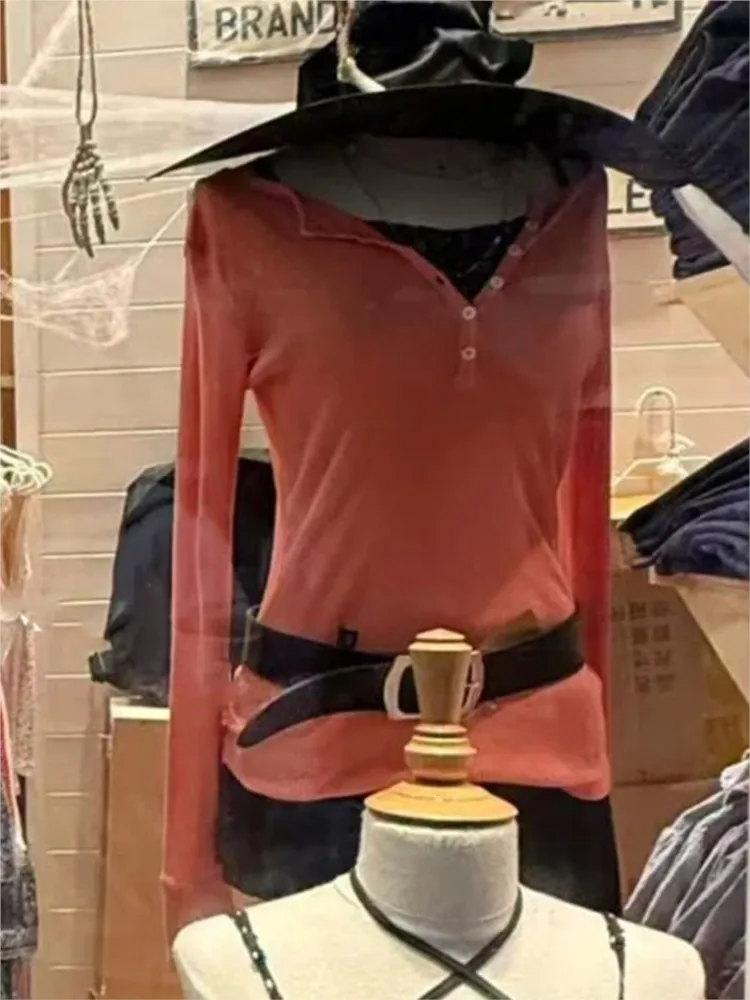 

Orange Ribbed Long Sleeve Tees Women Autumn Cotton Button Patchwork Slim Zelly Tops Preppy Style Sweet Tees