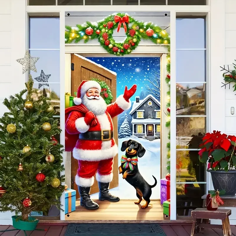 Christmas Door Cover Decoration Santa Claus Puppy Xmas Gift Box Bowknot Background Indoor Outdoor Porch Banner Party Supplies