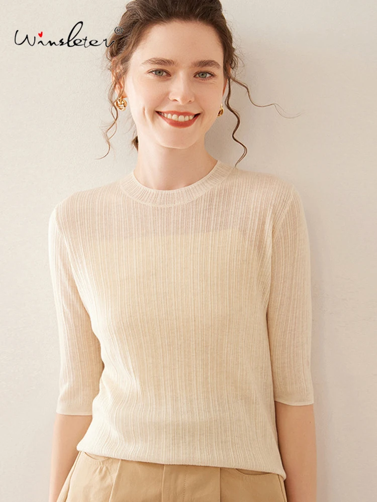 

Winsleter-5% кашемир 5% шелковый элегантный свитер, женский тонкий свитер с коротким рукавом и круглым вырезом, базовый повседневный тонкий свитер, осень 2022, новинка T58265CC