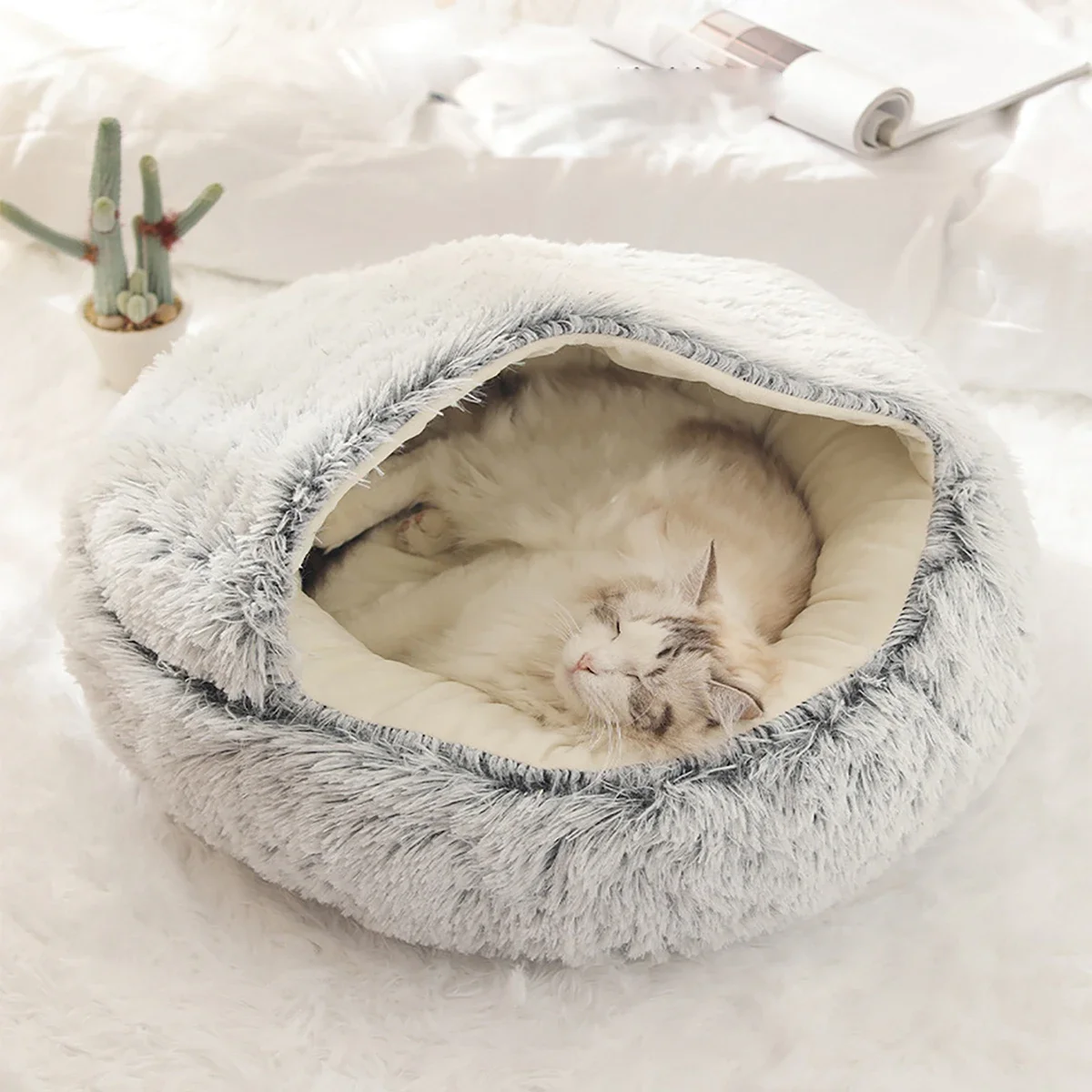 

Cat Bed Round Plush Fluffy Hooded Cat Bed Cave, Cozy for Indoor Cats or Small Dog beds, Doughnut Calm Anti-nxiety Dog Bed