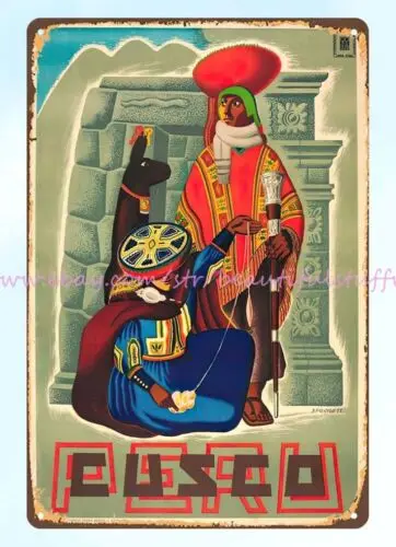 1950s travel poster Cusco Peru hill of Machu Picchu Inca metal tin sign art wall