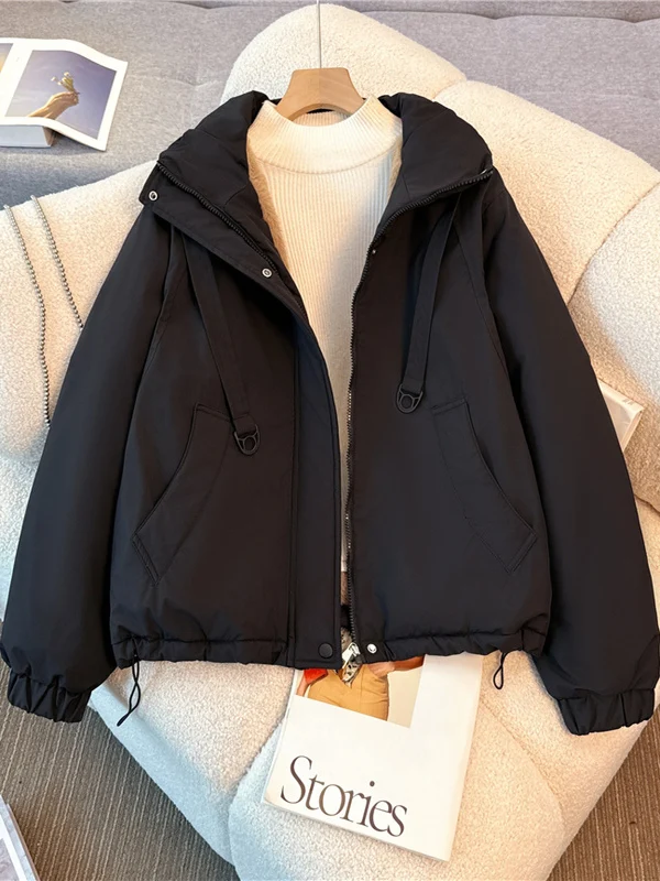 

Черная хлопковая куртка с капюшоном для женщин больших размеров, свободного кроя, укороченная, зимняя, в корейском стиле, с длинной молнией