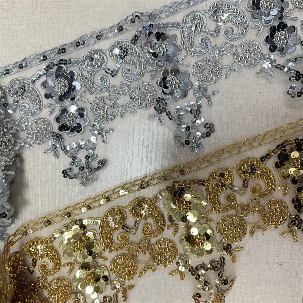 4.5yards Hot sell embroidery flowers sequins lace rhinestone wedding dress accessories diy