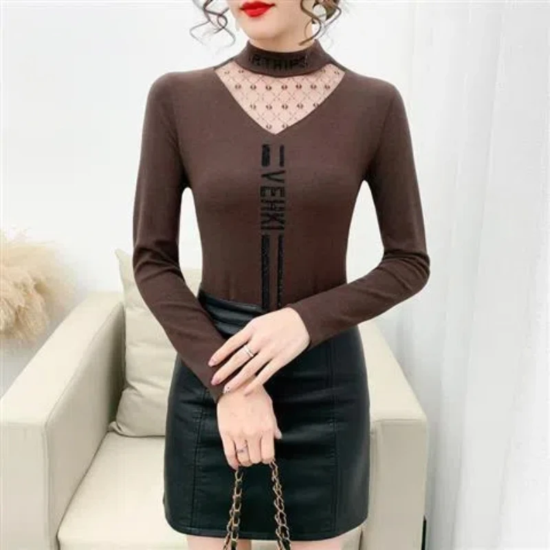 Slim All-match Bottoming Shirt Spring Autumn Winter Long Sleeve Hollow Out Vintage T Shirt Tops Fashion Elegant Women Clothing