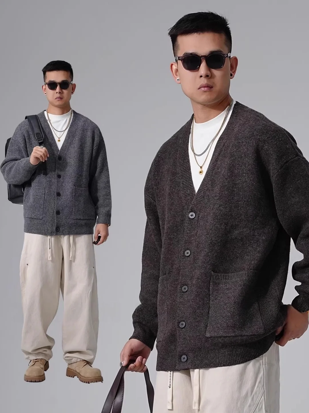 

Мужской свободный кардиган в американском стиле, вязаный, зимний, повседневный, из полиэстера, с V-образным вырезом, с длинными рукавами, свитер-пальто