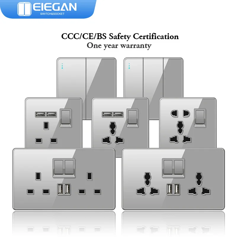 

ELEGAN UK Socket Grey 16A/20A/45A Full Glass Wall Switch USB type-c Tempered Crystal Panel Electrical Outlet Home Improvement