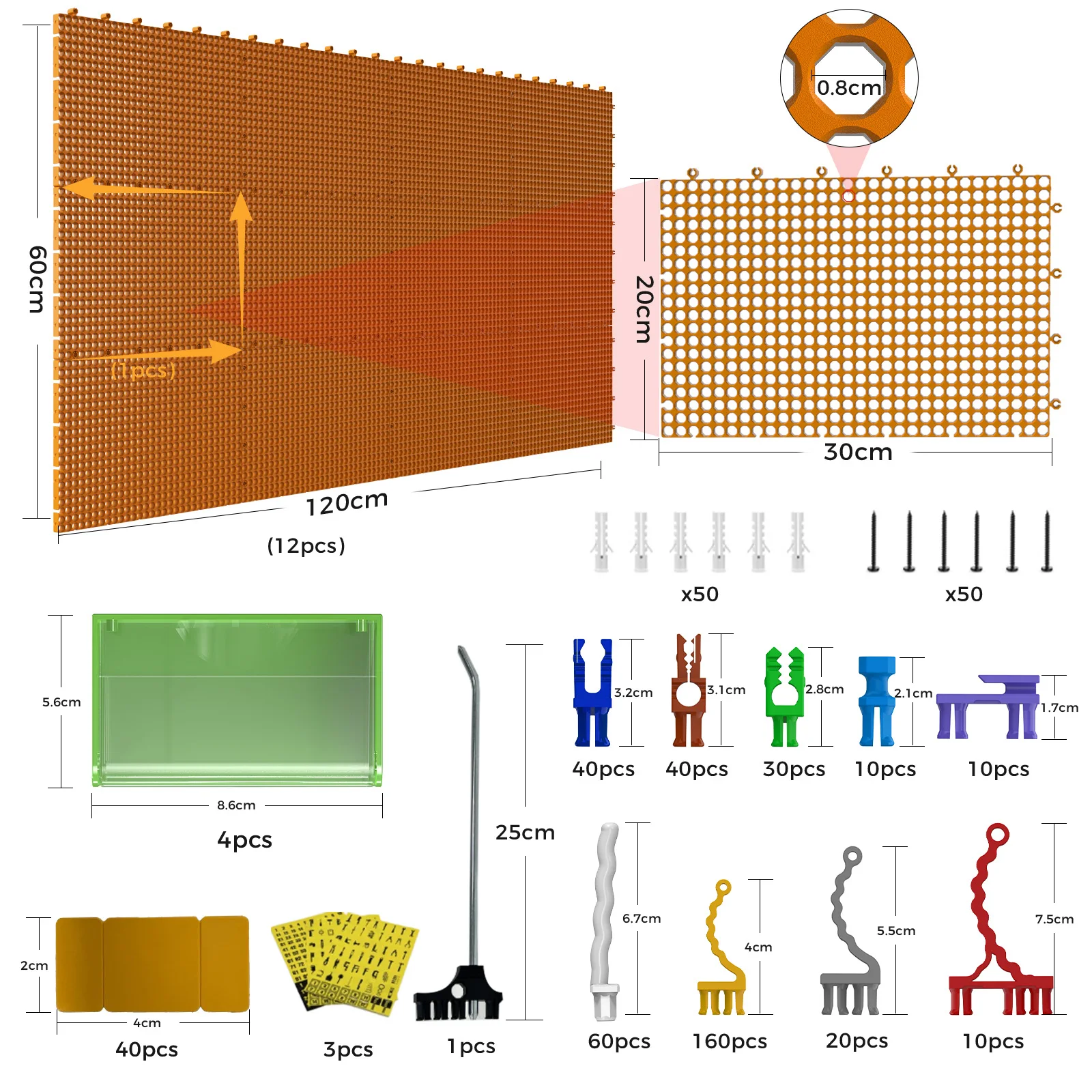 Plastic Pegboard Wall Organizer Kit, 12yellow Panels 61 x 122cm, 428Accessories with Hooks, Clips & Holders, Modular Tool Storag