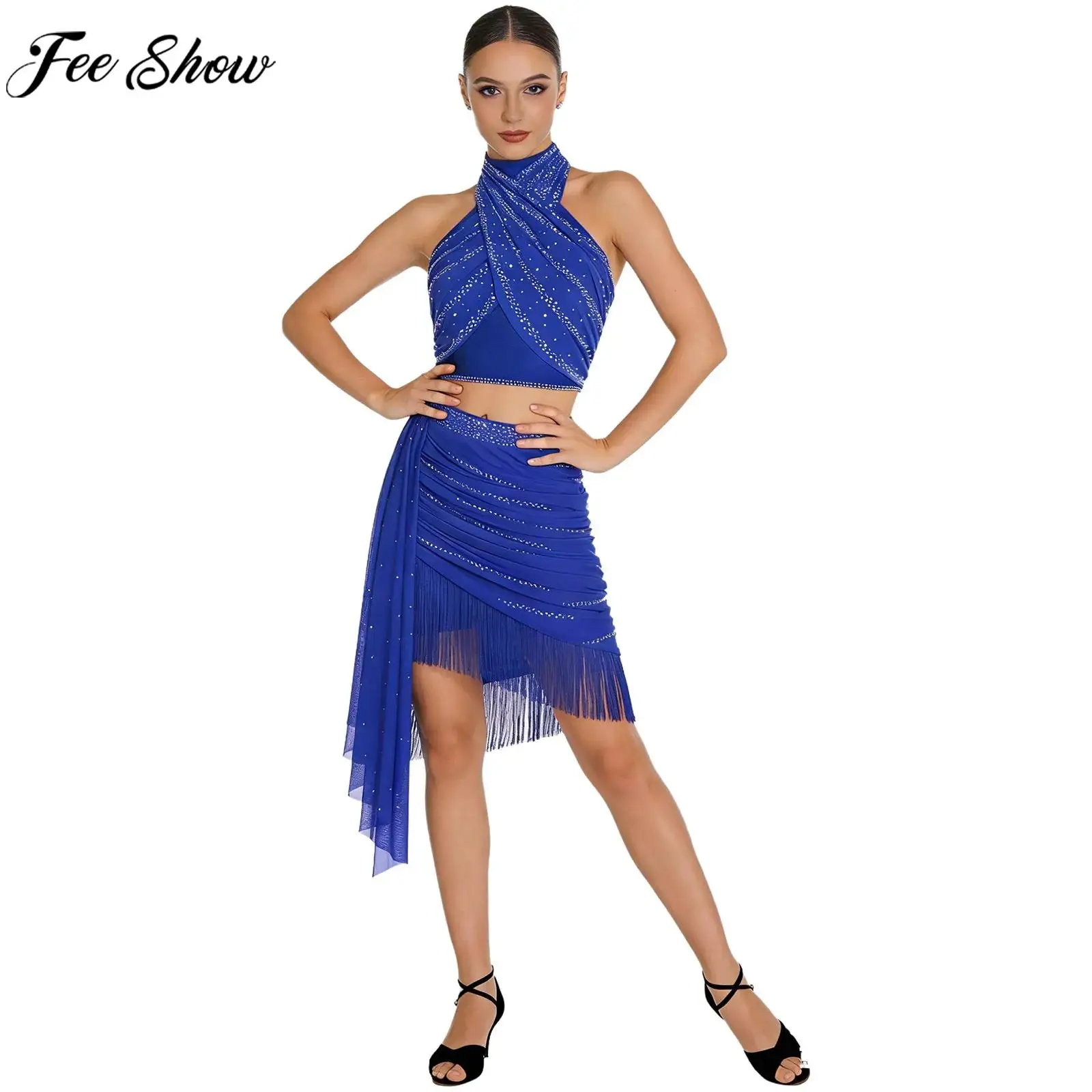 

Женская одежда для латинских танцев, блестящий топ с кристаллами и юбка с бахромой, комплект для ча-ча, танго, румбы, самбы, бальных танцев, сальсы