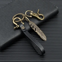 MKENDN Handmade Leather Keychain Brass D-Shape Shackle Creative DIY Feather Keyring Holder Car Key Chain For Men Jewelry Gift