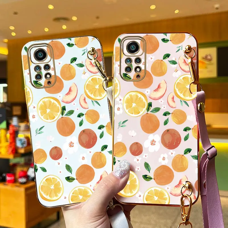 Oil Painting Fruit Lanyard Plating Phone Case For Xiaomi Redmi Note 11 11EPro 11Pro 11T 11S 11SE 11TPro 12 12Turbo 12R 10S Cover