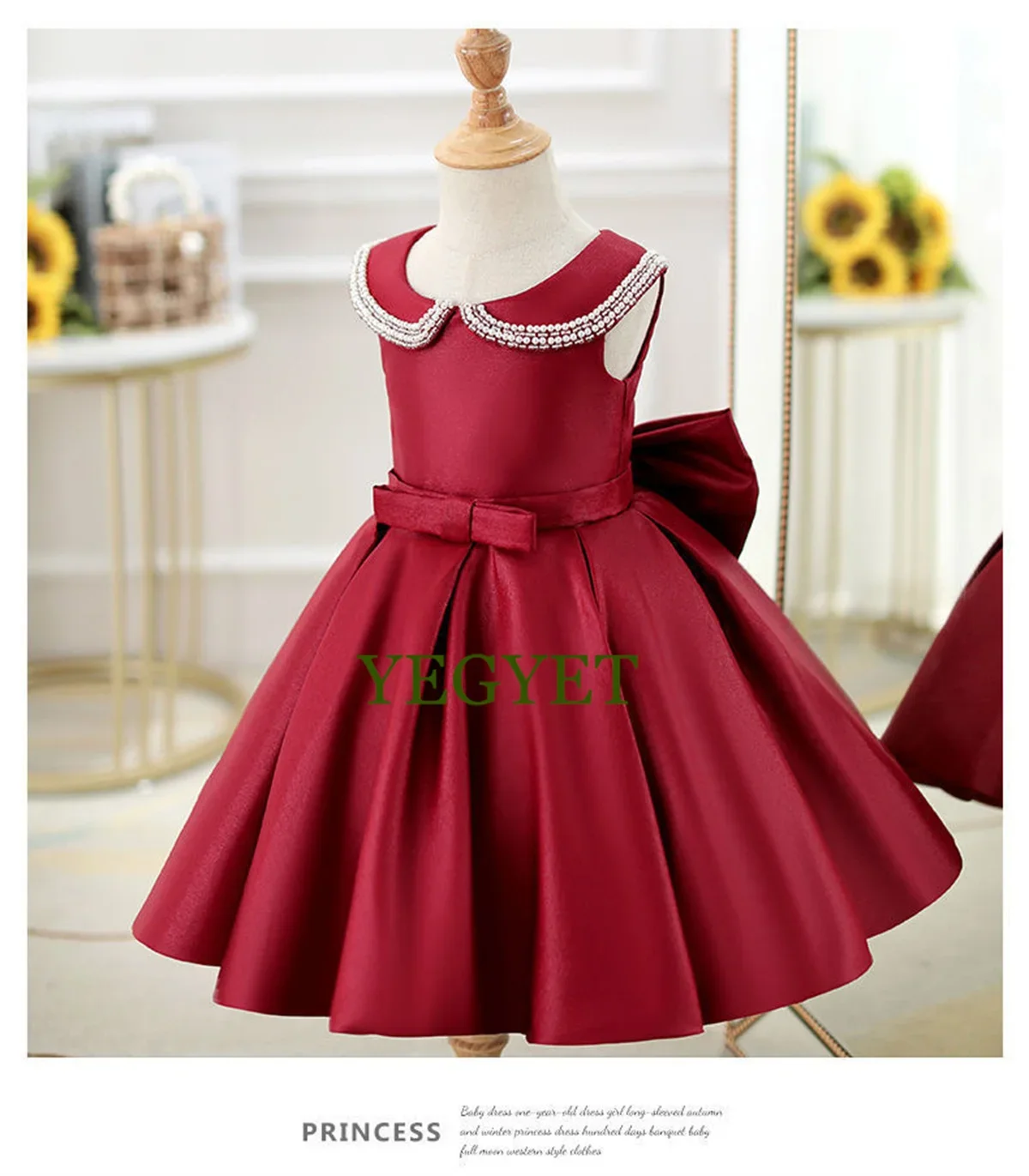 CustLuxurious Girls Princess wine red Pearl diamond Palace Dress Children Bow Wedding Gown baby infant Birthday Party Kids Dress