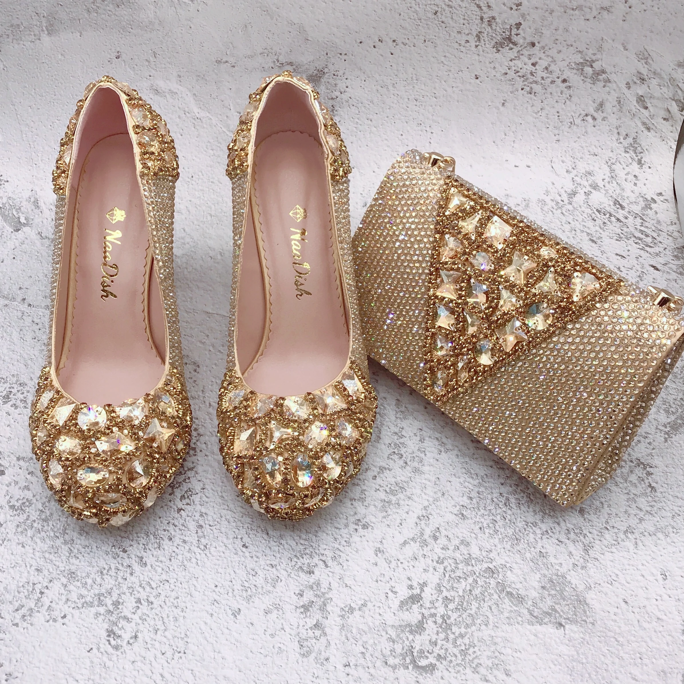 BS1643 Luxury Custom Made Bridal Wedding Champagne Gold Crystal Shinning Rhinestone Shoes And Bag Set For Women