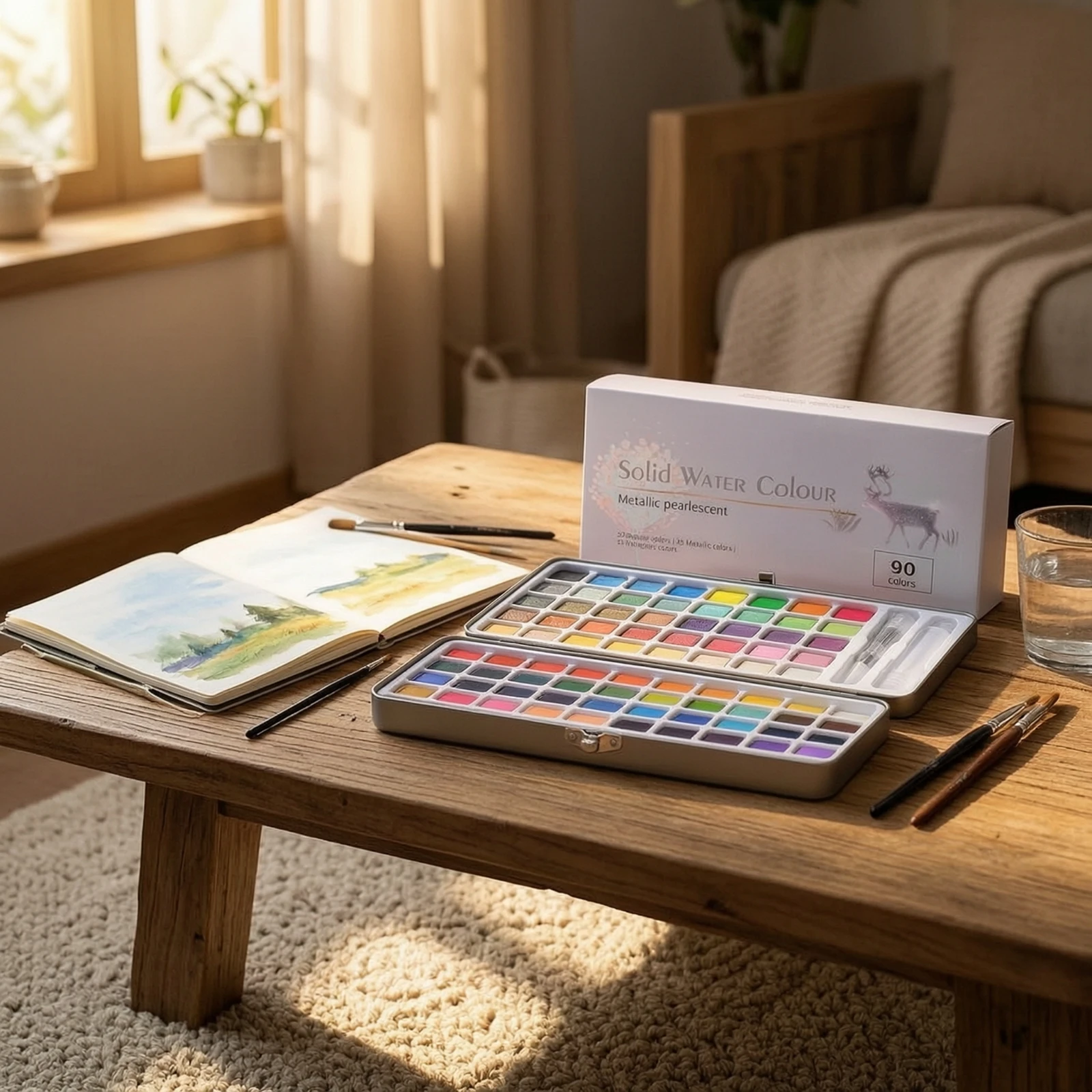Watercolor Paint Set Portable Watercolor Paint Set with Paintbrush Travel-Friendly Compact for Artists, Outdoor Painting