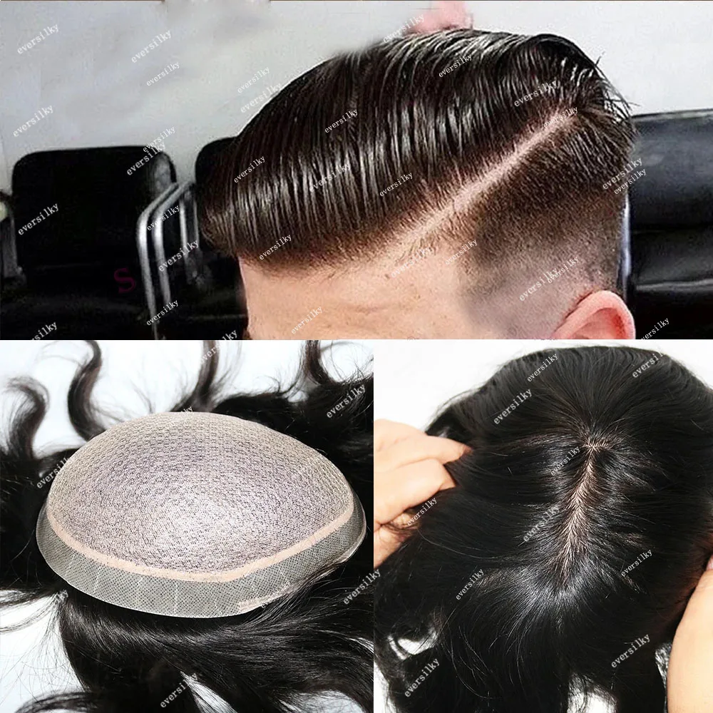 Super Durble Invisible Black Men Toupee Natural Scalp Looking Silk Top PU Around 100%Human Hair Bleached Knots Male Wig Prosthsi