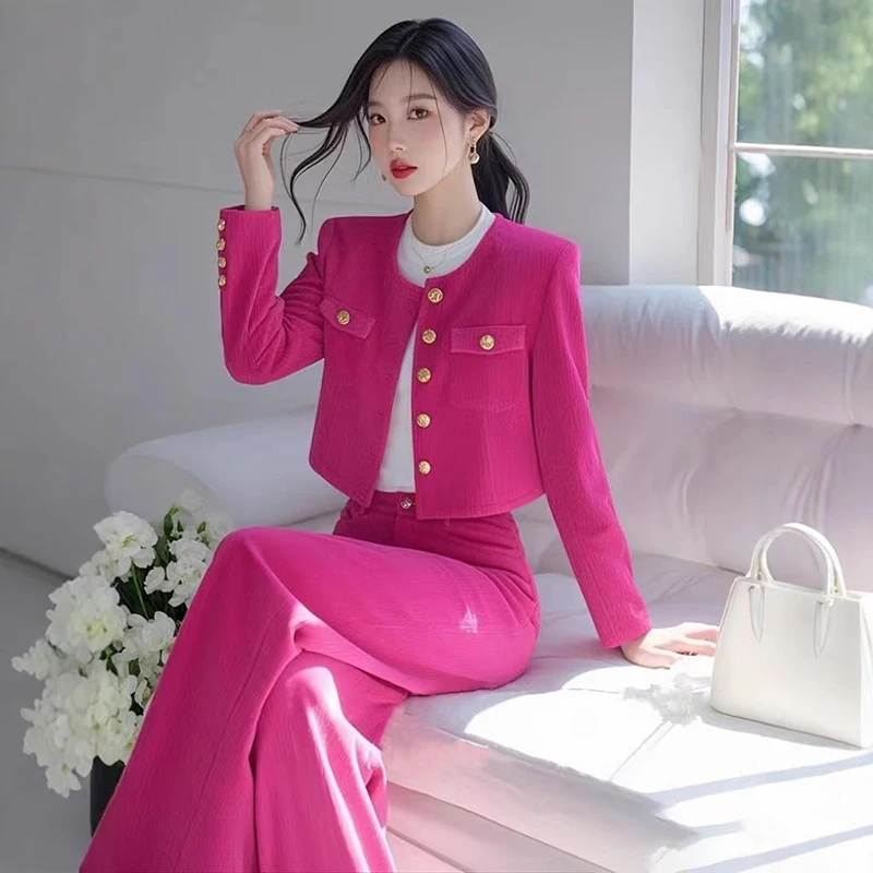 

Новый высококачественный осенний женский костюм, модная короткая куртка с круглым вырезом и длинными рукавами, пальто + широкие брюки, небольшой ароматный комплект из двух предметов