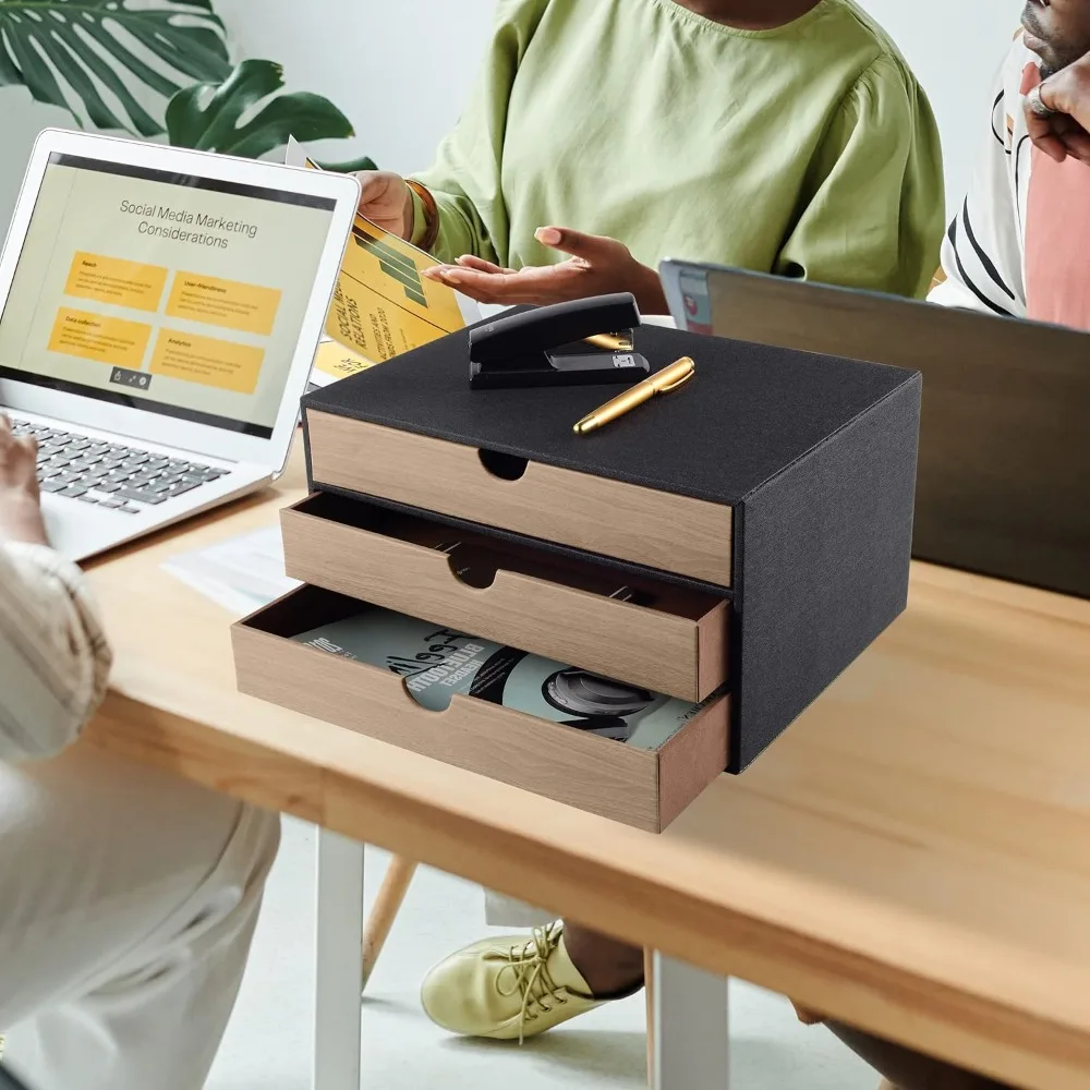 Fashion Multicolor Collocation Leather Desk Organizer File Cabinet Executive Storage Box with 3 Drawers Black Filing Cabinets