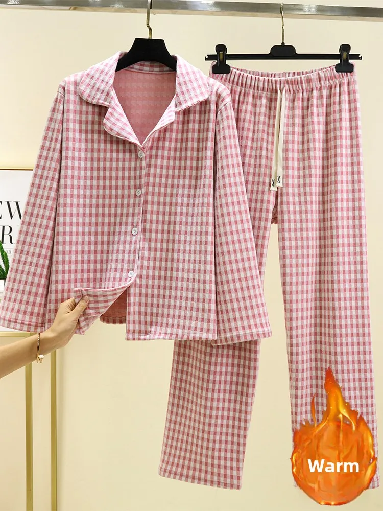 

Thickened Winter Sleepwear Women's Casual Style Home Clothes Set Warm Flannel Plaid Design Lapel Home Leisure Two-Piece Suit