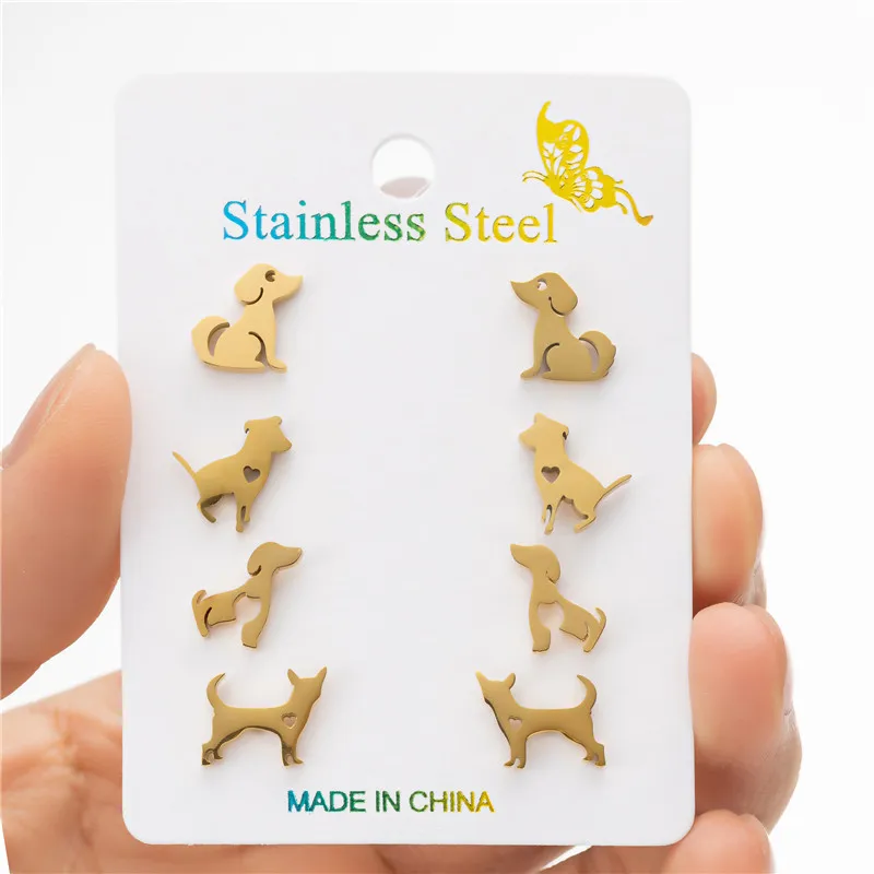 4Pairs/Lot Animal Cartoon Stud Earrings Black for Women Cute Corgis Dachshunds Bulldog Stainless Steel Earings Funny Gifts