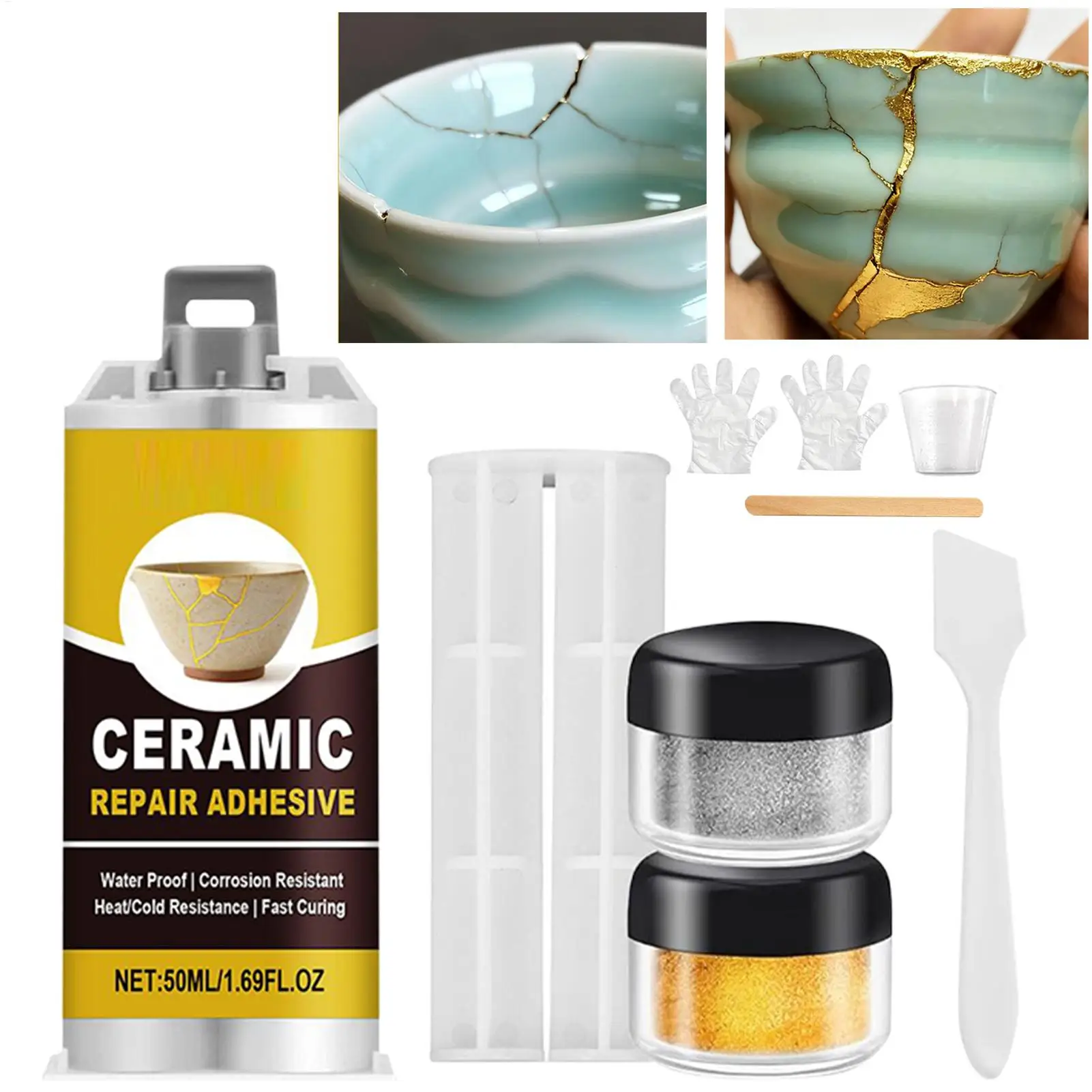 Kit de reparación de cerámica - Adhesivo apto para alimentos en estilo Kintsugi - Mende cerámica rota, platos, figuritas para cocina y baño