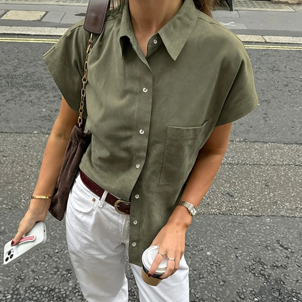 

Retro ArmyGreen Women's Shirt Spring and Summer Women's Fashion Street Personal Pocket Office Commuting Short Sleeved Shirt Top