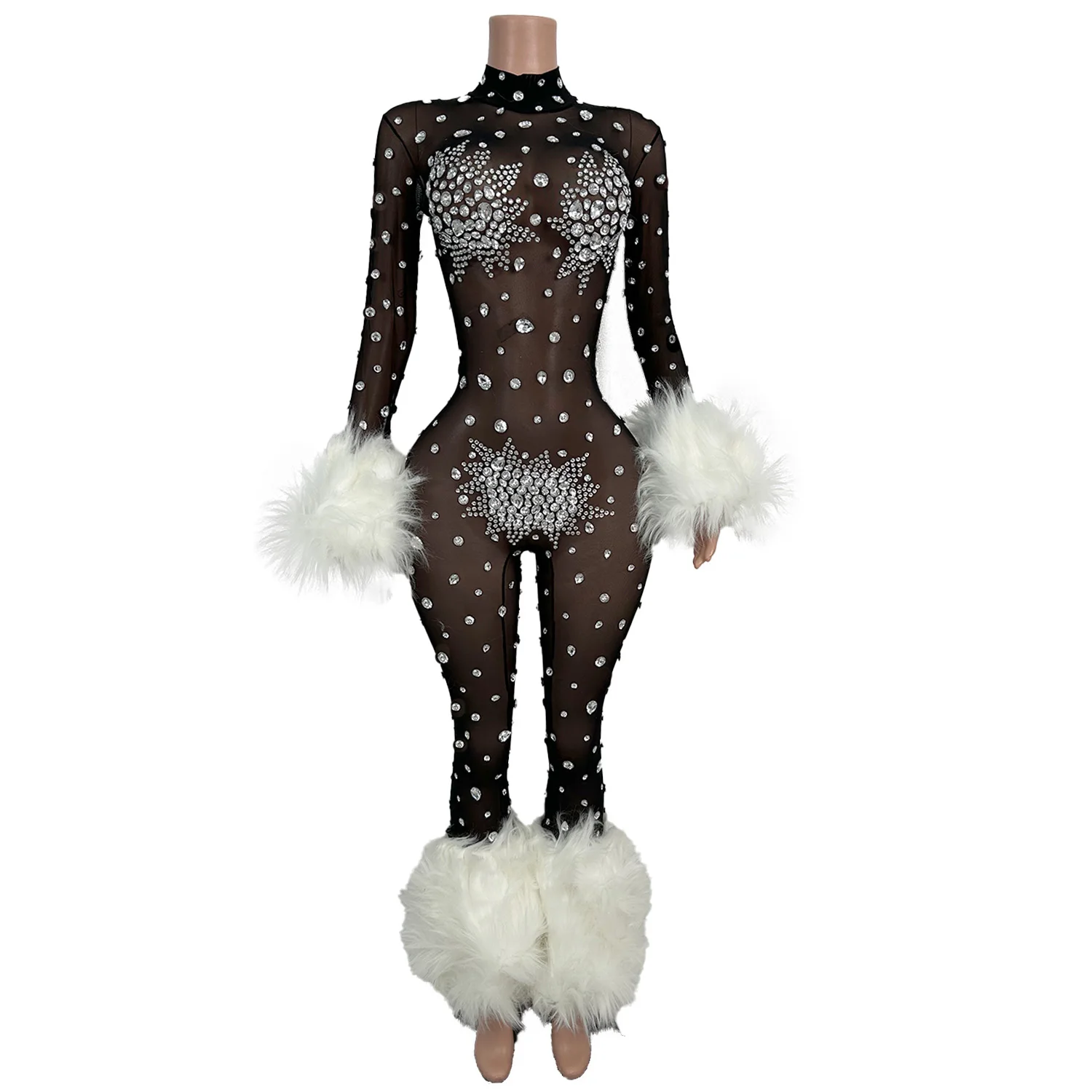 Luksusowe Przezroczyste Kombinezony Bodycon z Cyrkoniami i Cekinami na Imprezę Klubową, Elastyczne Jednoczęściowe Kombinezony Damskie, Rompery, Strój Taneczny