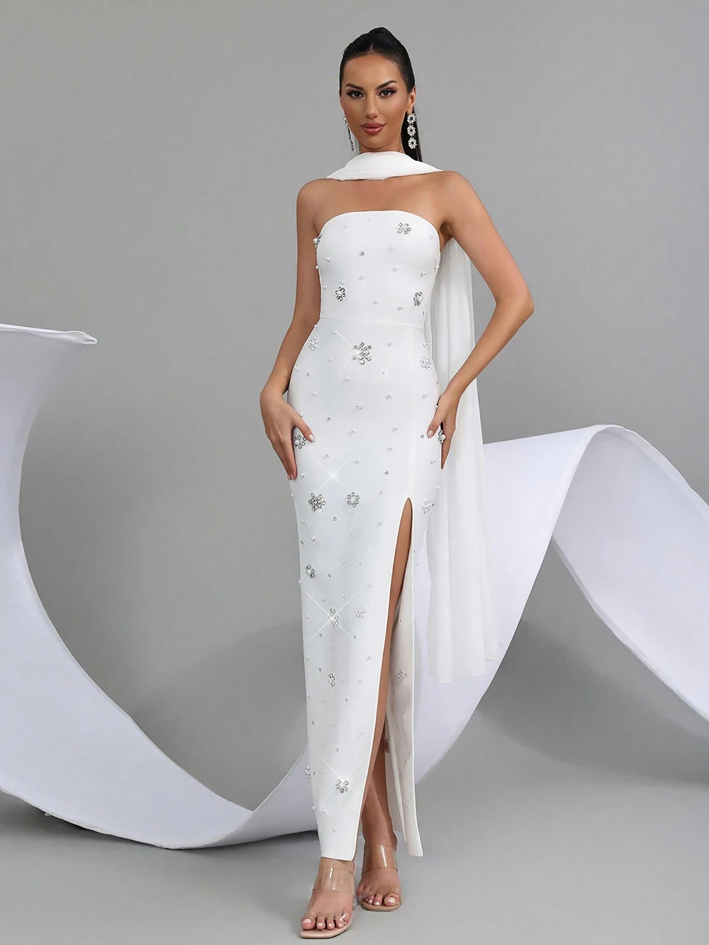 Modphy Elegant Ribbon Strapless Bandage Long Dress Women Solid Off Shoulder Backless Slim Maxi Dresses Party Robes Lady