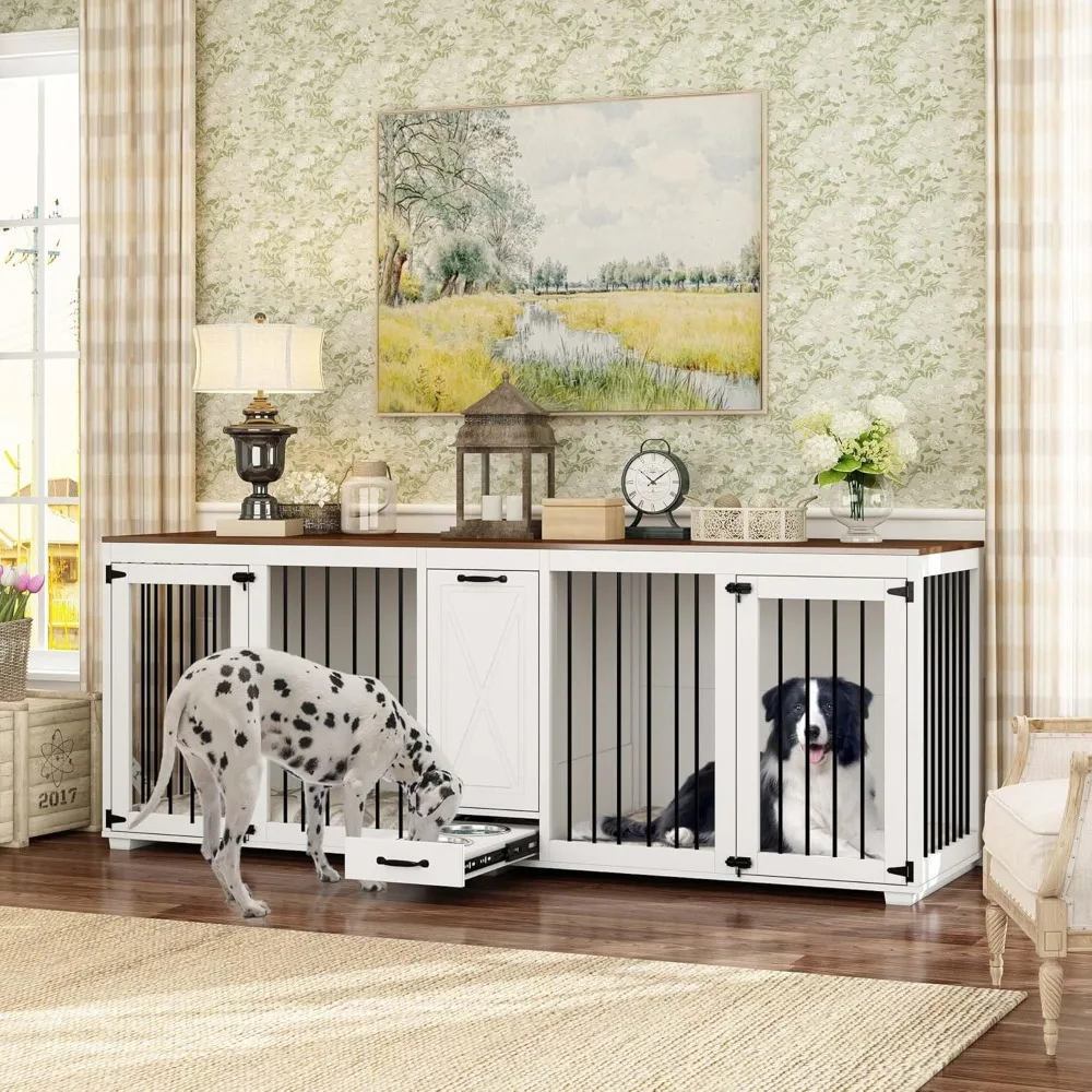 Large Furniture Style Large Dog Crate for 2 Dogs with 2 Dog Bowls & a Storage Drawer, Heavy Duty Wooden Dog Kennel, Indoor