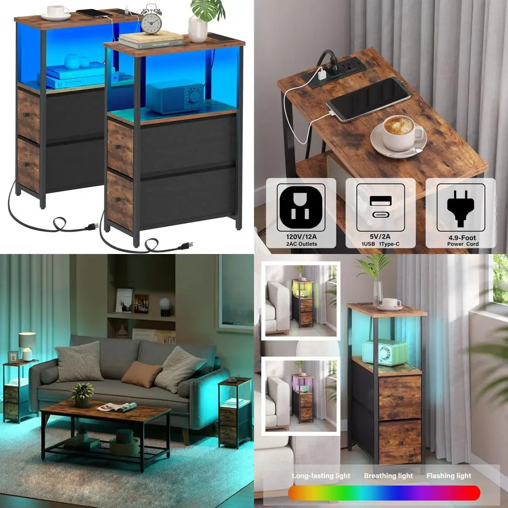 

Brown Dual LED End Tables with Charging Ports, 2-Drawer Nightstands, Living/Bedroom Use