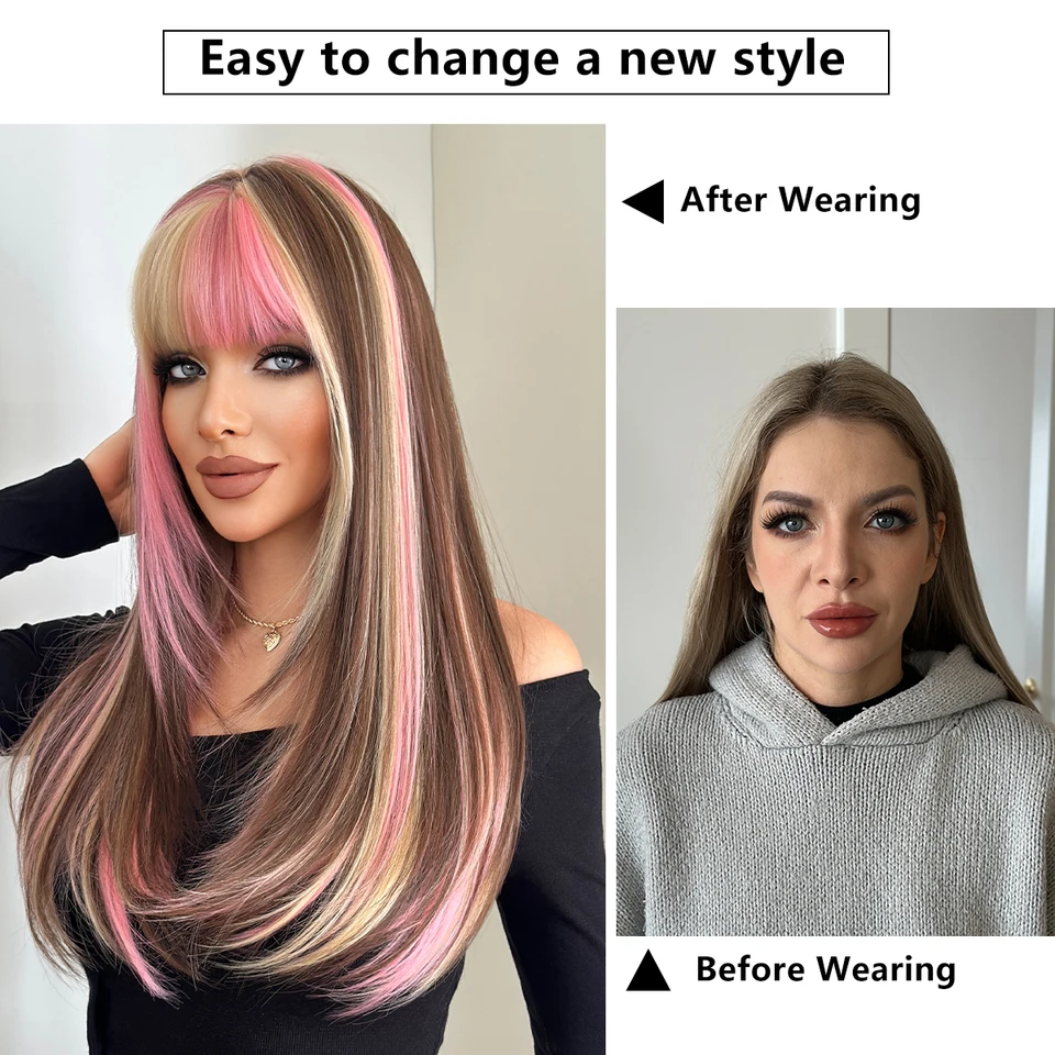 Peluca Larga y Colorida NAMM para Mujer con Flequillo, Aspecto Natural, Fibra Sintética Suave de Alta Calidad Resistente al Calor 4