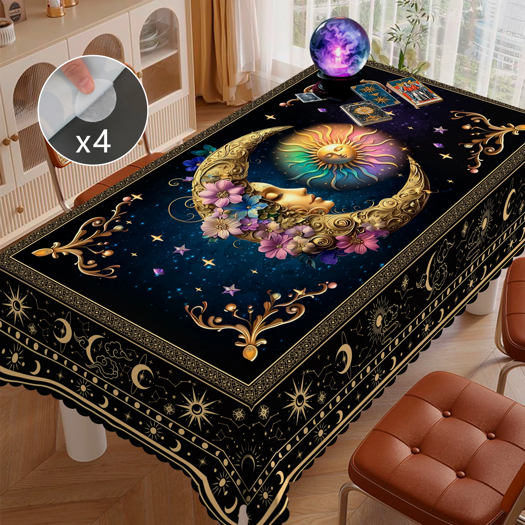 1 Piece of Tarot-Themed Round Tablecloth, Available in Various Sizes, Gold-Plated Iridescent Sun and Moon Celestial Tarot Pattern Printed Round Decorative Tablecloth, Embossed Edge Craftsmanship, Divination Game Decoration, Suitable for Daily Home Living Room, Terrace, Tarot Divination Table Use, Daily Party Gathering Decoration, Diviner's Home Decoration