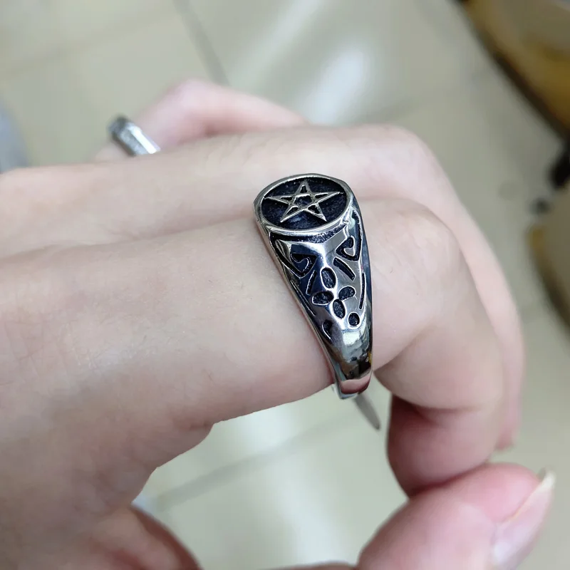 Male 2022 Sigil of Lucifer Satanic Seal of Satan Baphomet Signet Stainless Steel Pentagram Ring Pagan Jewelry for Men Women